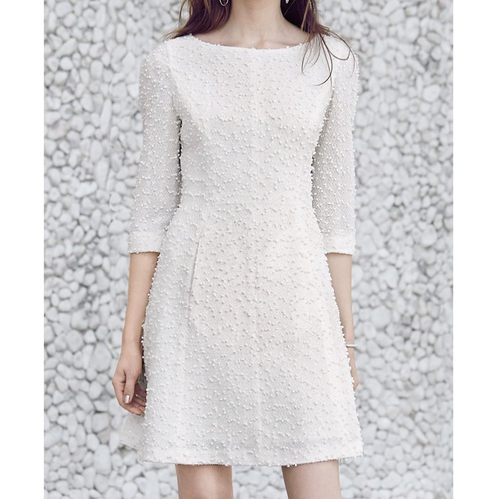 Vince Camuto White 3/4 Sleeve Boucle A-Line Dress